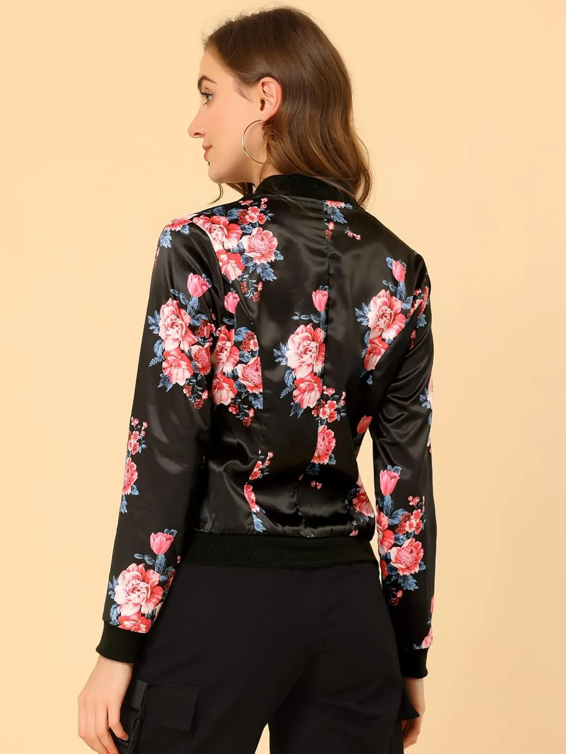 Allegra K Women's Bomber Jacket Long Sleeve Casual Coat Zipper Floral Print Outwear Tops Windbreaker with Pocket
