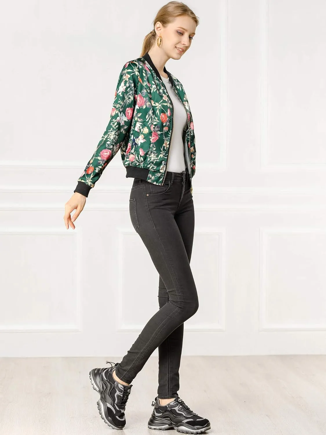 Allegra K Women's Bomber Jacket Long Sleeve Casual Coat Zipper Floral Print Outwear Tops Windbreaker with Pocket