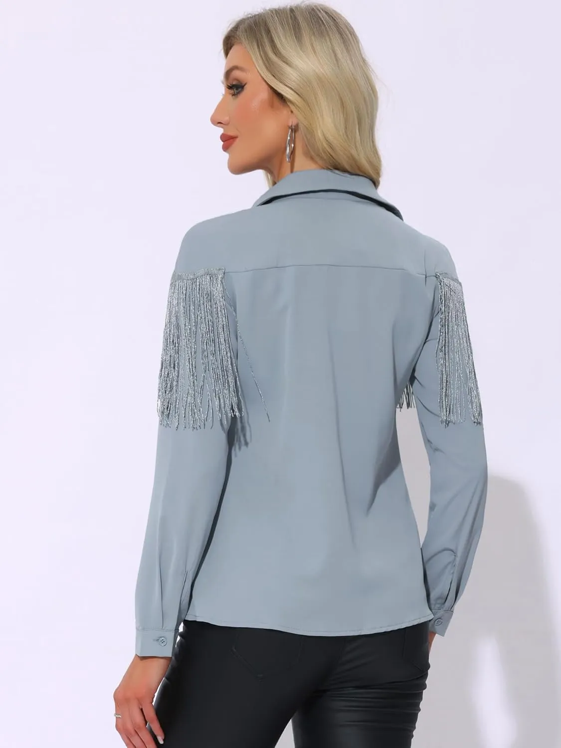 Allegra K Women's Western Fringe Blouse Long Sleeve Button Down Disco Cowgirl Shirts