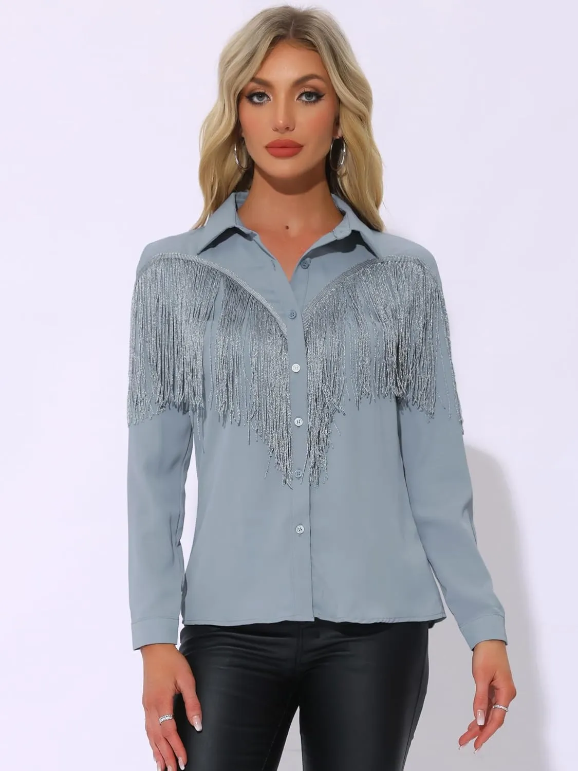 Allegra K Women's Western Fringe Blouse Long Sleeve Button Down Disco Cowgirl Shirts