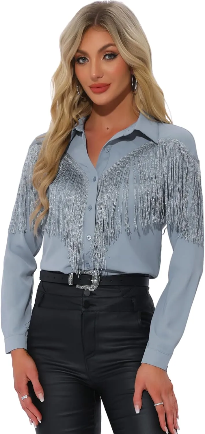 Allegra K Women's Western Fringe Blouse Long Sleeve Button Down Disco Cowgirl Shirts