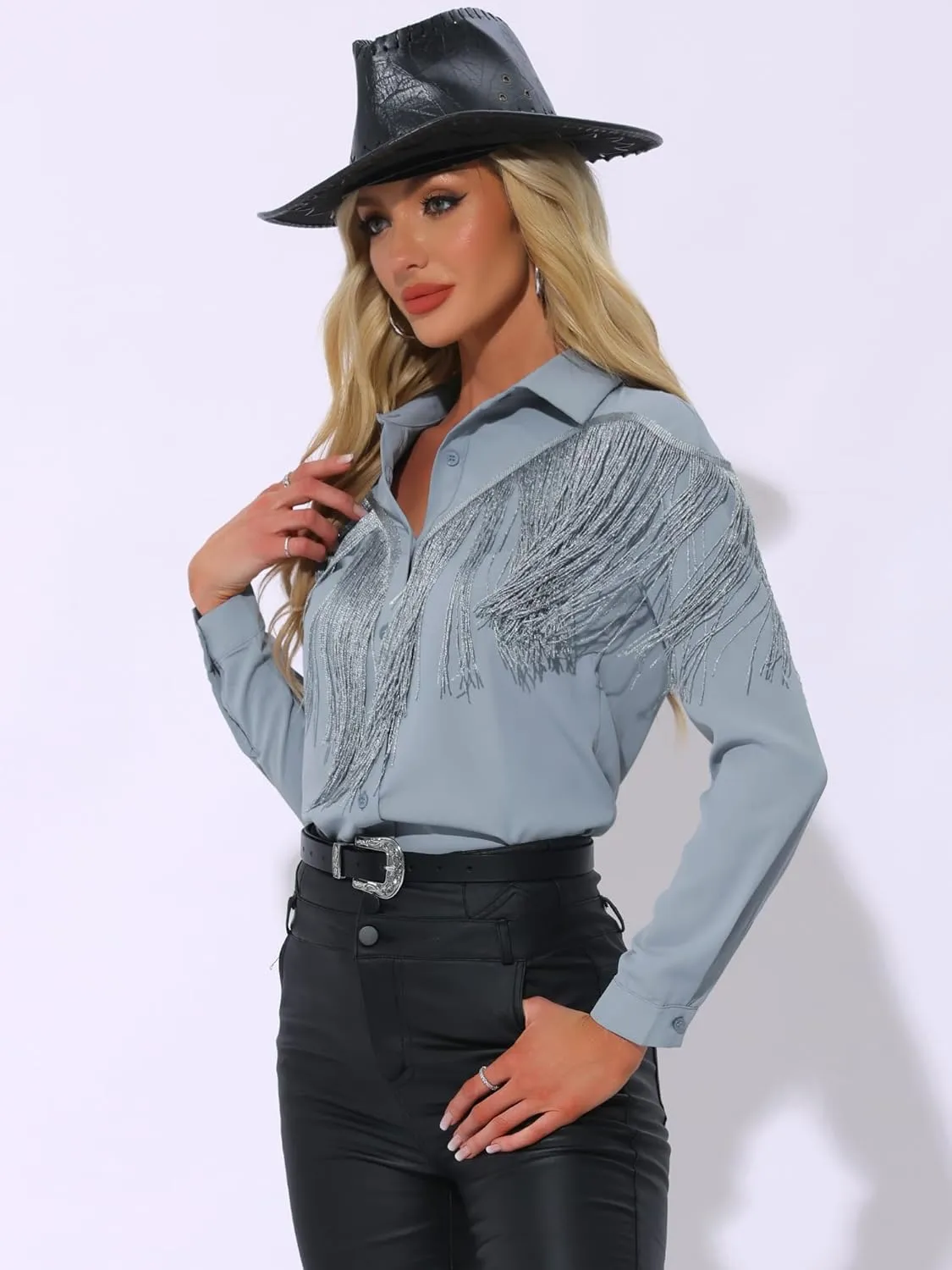 Allegra K Women's Western Fringe Blouse Long Sleeve Button Down Disco Cowgirl Shirts