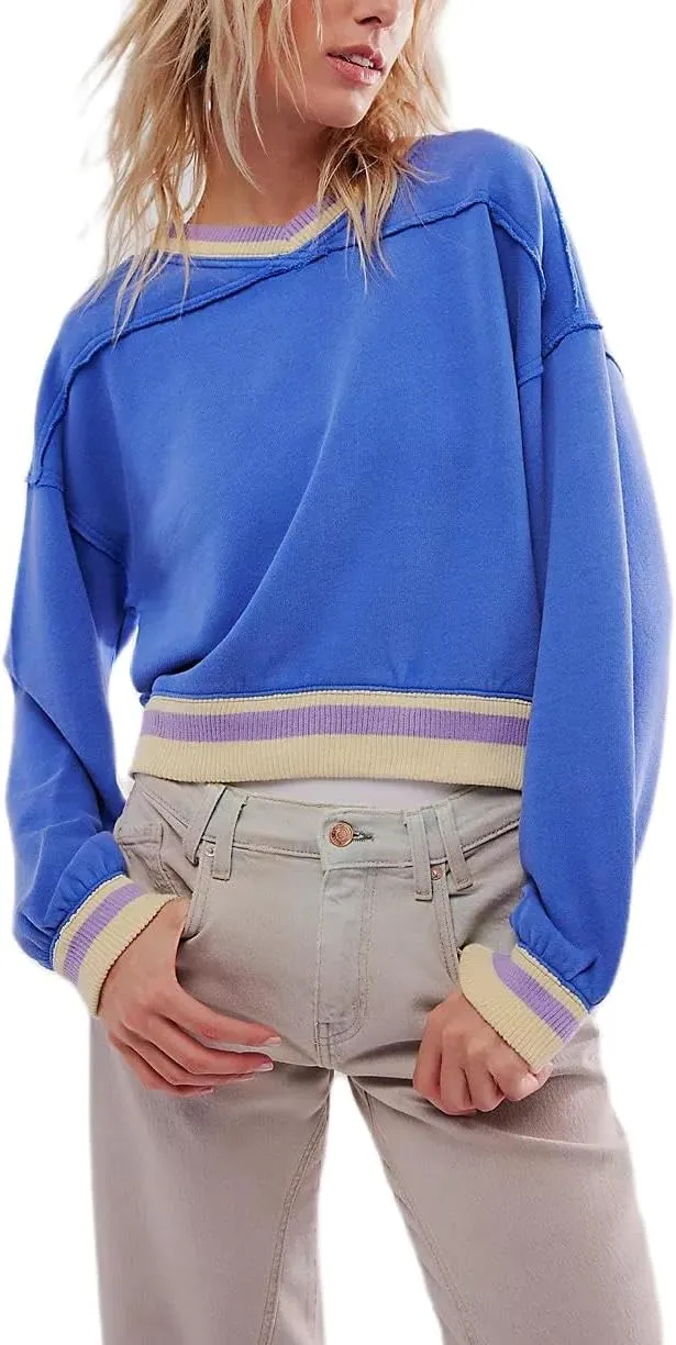 Amiblvowa Women Oversized Crew Neck Sweatshirts Y2K Cute Sweatshirt Teen Girls Striped Sweatshirt Long Sleeve Graphic Sweater