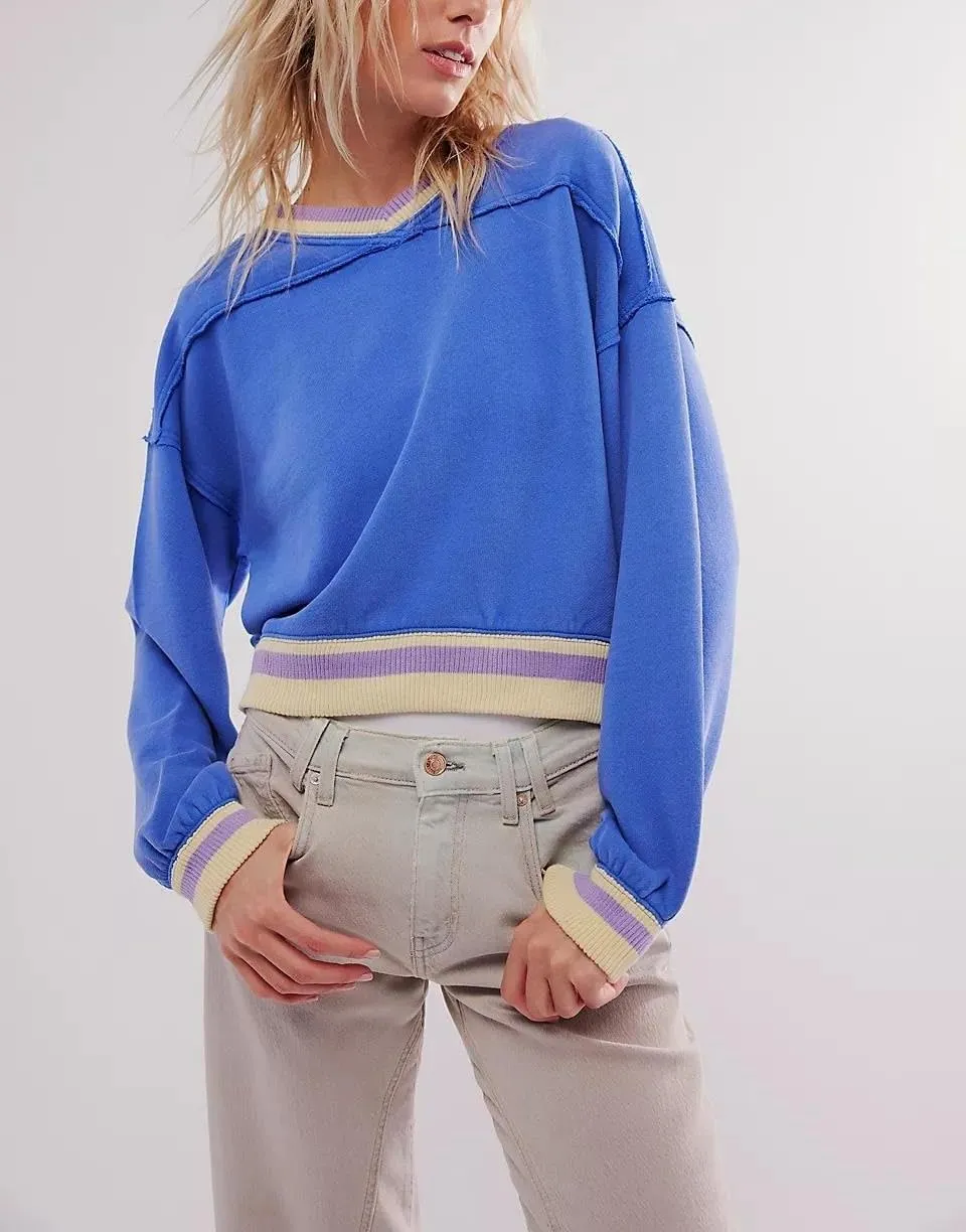 Amiblvowa Women Oversized Crew Neck Sweatshirts Y2K Cute Sweatshirt Teen Girls Striped Sweatshirt Long Sleeve Graphic Sweater
