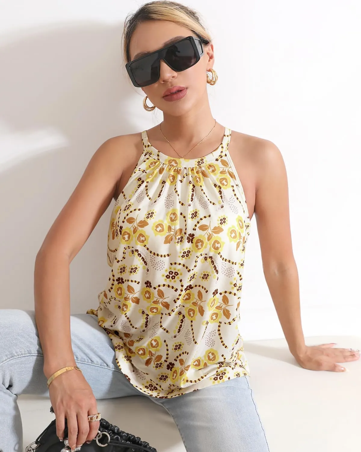 AMVELOP Halter Tank Top for Women Built in Bra Casual Flowy Camisole Tank Sleeveless Summer Outfits 2025