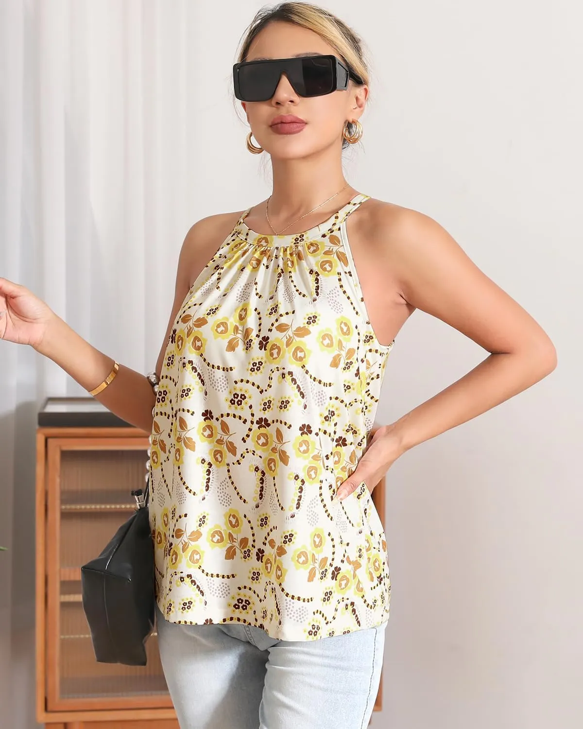 AMVELOP Halter Tank Top for Women Built in Bra Casual Flowy Camisole Tank Sleeveless Summer Outfits 2025