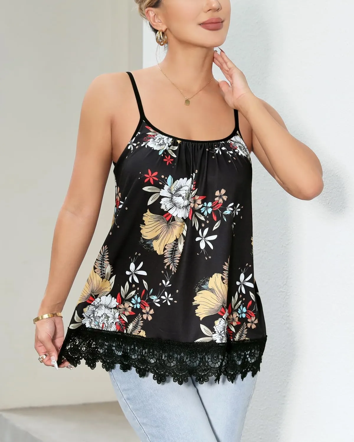 AMVELOP Women's Camisole Tops Built in Bra Casual Flowy Lace Tank Adjustable Strap Sleeveless Summer Outfits 2025