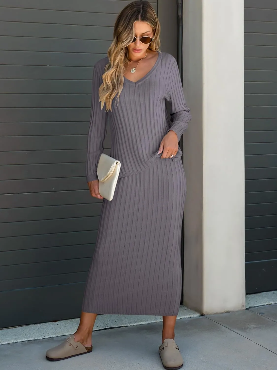 ANRABESS Women's 2 Piece Outfits Sweater Skirt Sets Casual Long Sleeve V Neck Ribbed Knit Tops Midi Dress 2024 Fall Fashion