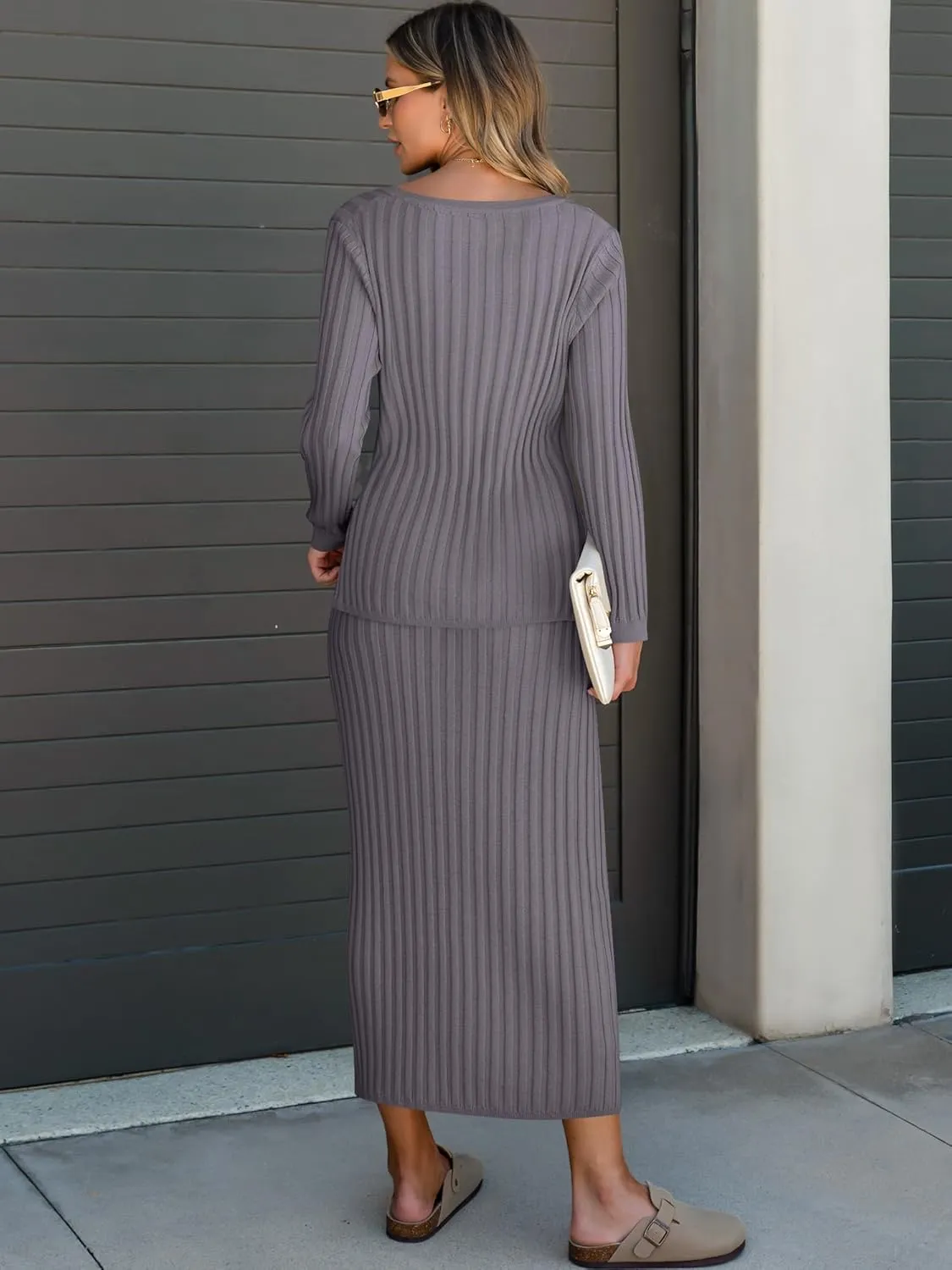 ANRABESS Women's 2 Piece Outfits Sweater Skirt Sets Casual Long Sleeve V Neck Ribbed Knit Tops Midi Dress 2024 Fall Fashion