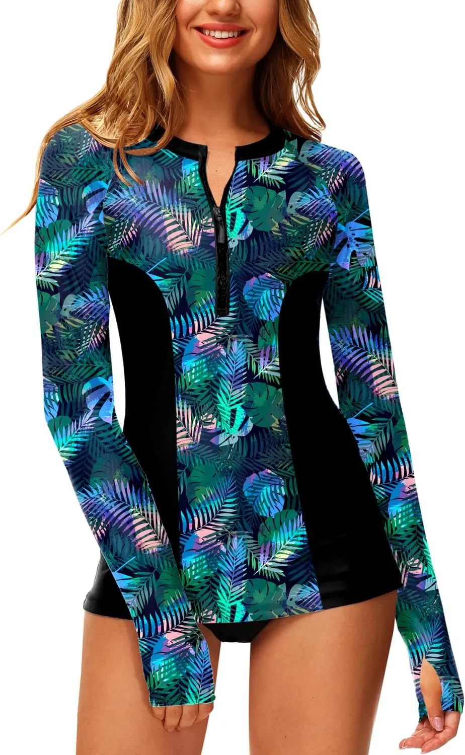 AOBUTE Women Zip Rash Guard UPF 50  Surf Swim Shirts with Thumb Hole