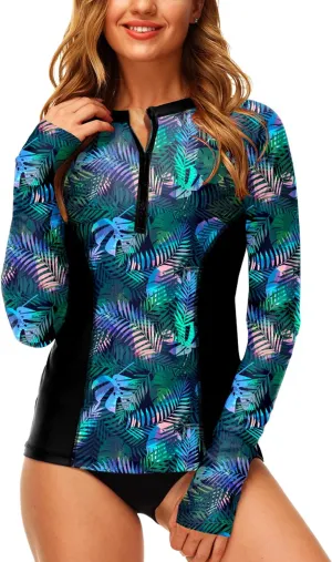 AOBUTE Women Zip Rash Guard UPF 50  Surf Swim Shirts with Thumb Hole