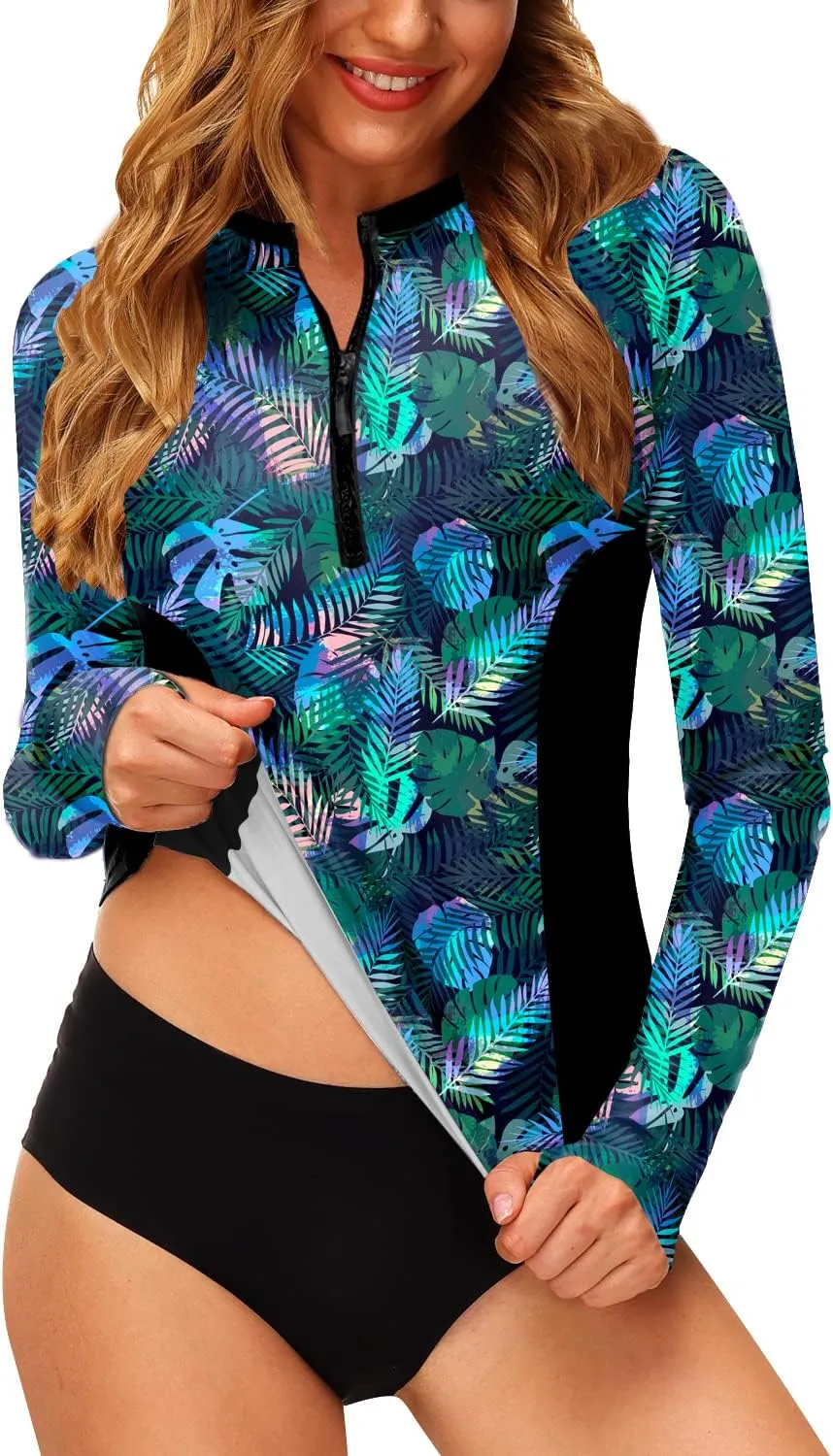 AOBUTE Women Zip Rash Guard UPF 50  Surf Swim Shirts with Thumb Hole