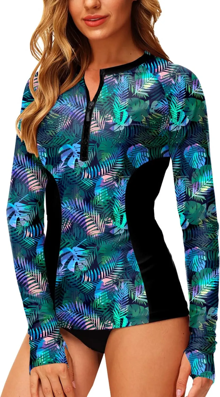 AOBUTE Women Zip Rash Guard UPF 50  Surf Swim Shirts with Thumb Hole
