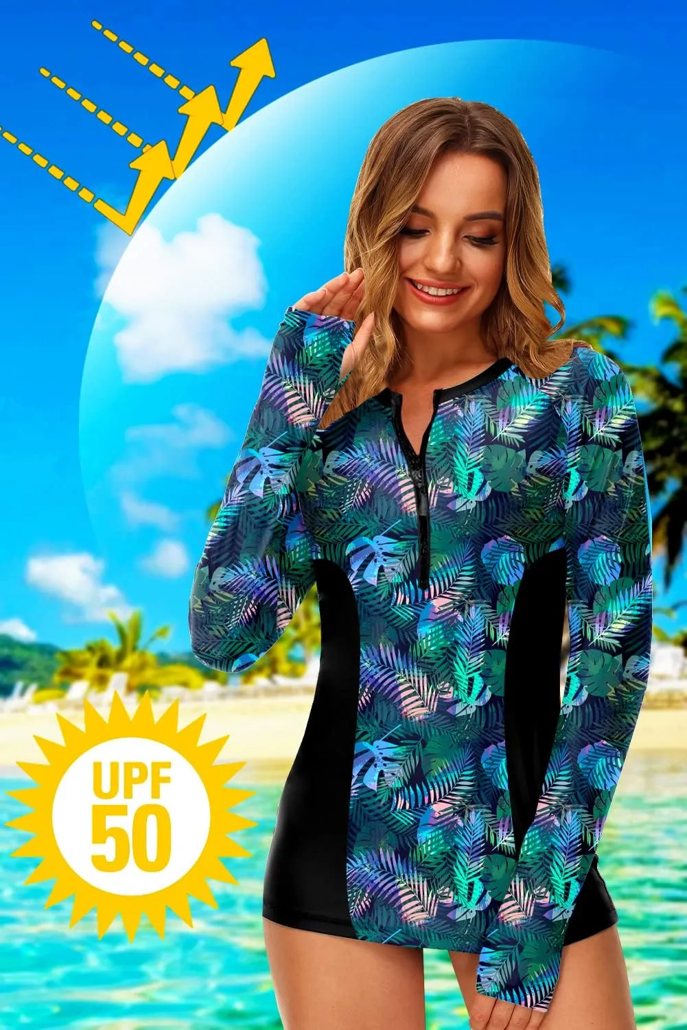AOBUTE Women Zip Rash Guard UPF 50  Surf Swim Shirts with Thumb Hole