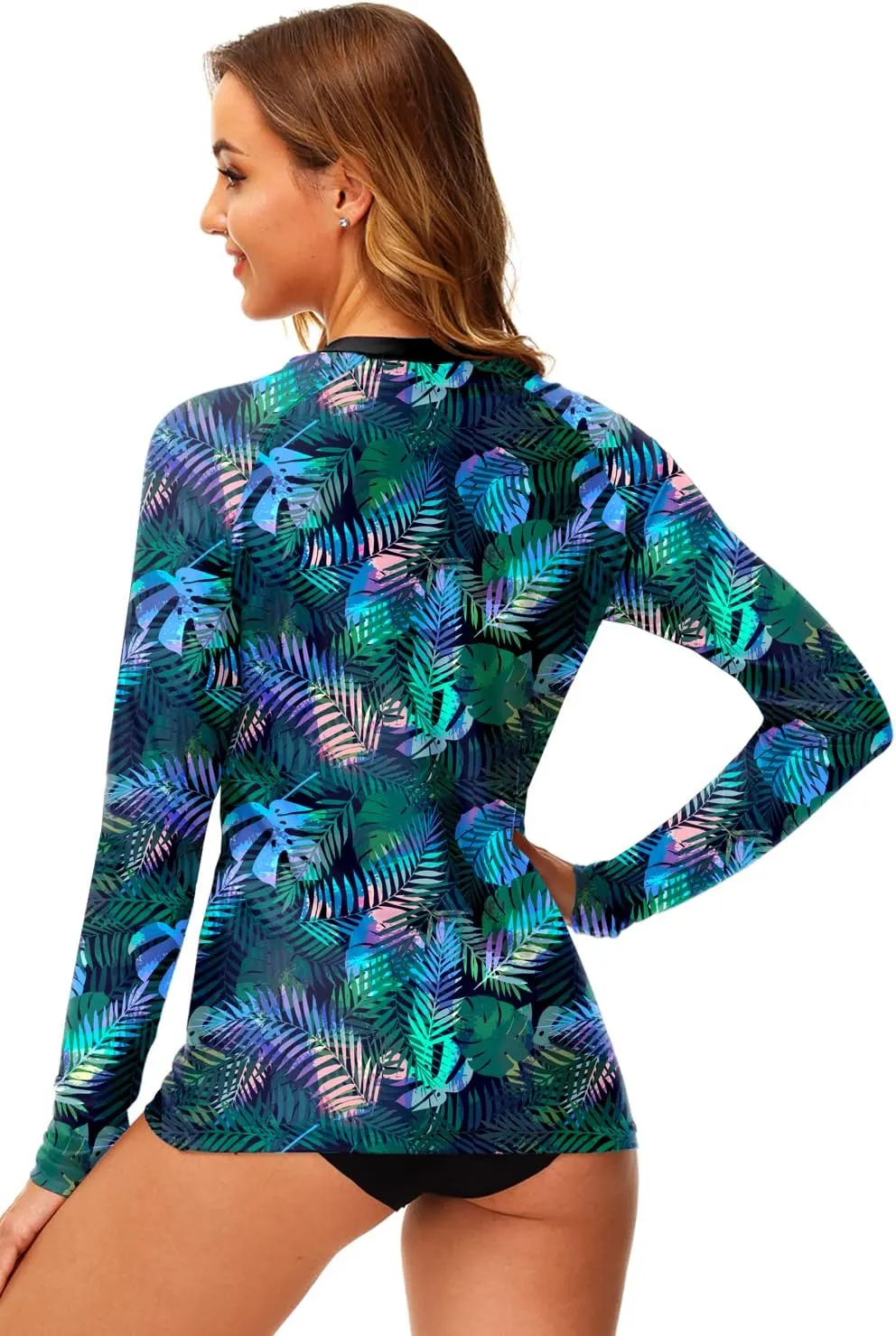 AOBUTE Women Zip Rash Guard UPF 50  Surf Swim Shirts with Thumb Hole