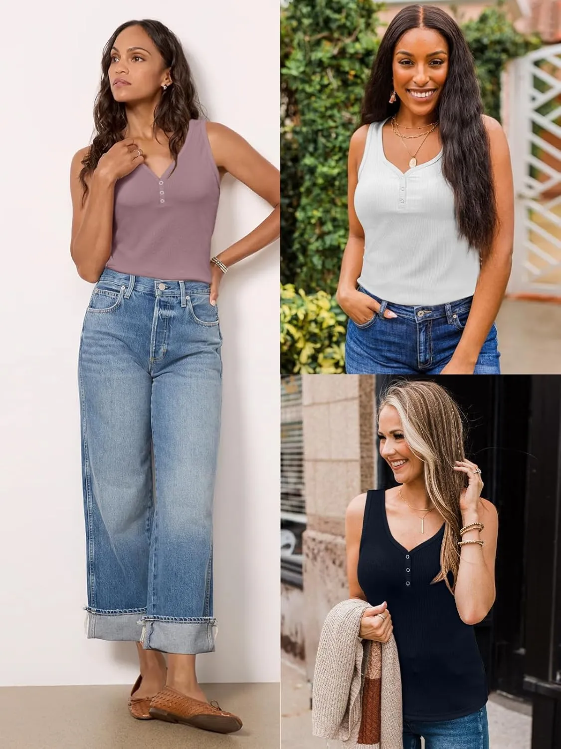 ATHMILE Womens Tank Tops Summer V Neck Sleeveless Ribbed Button Casual Henley Basic Shirts