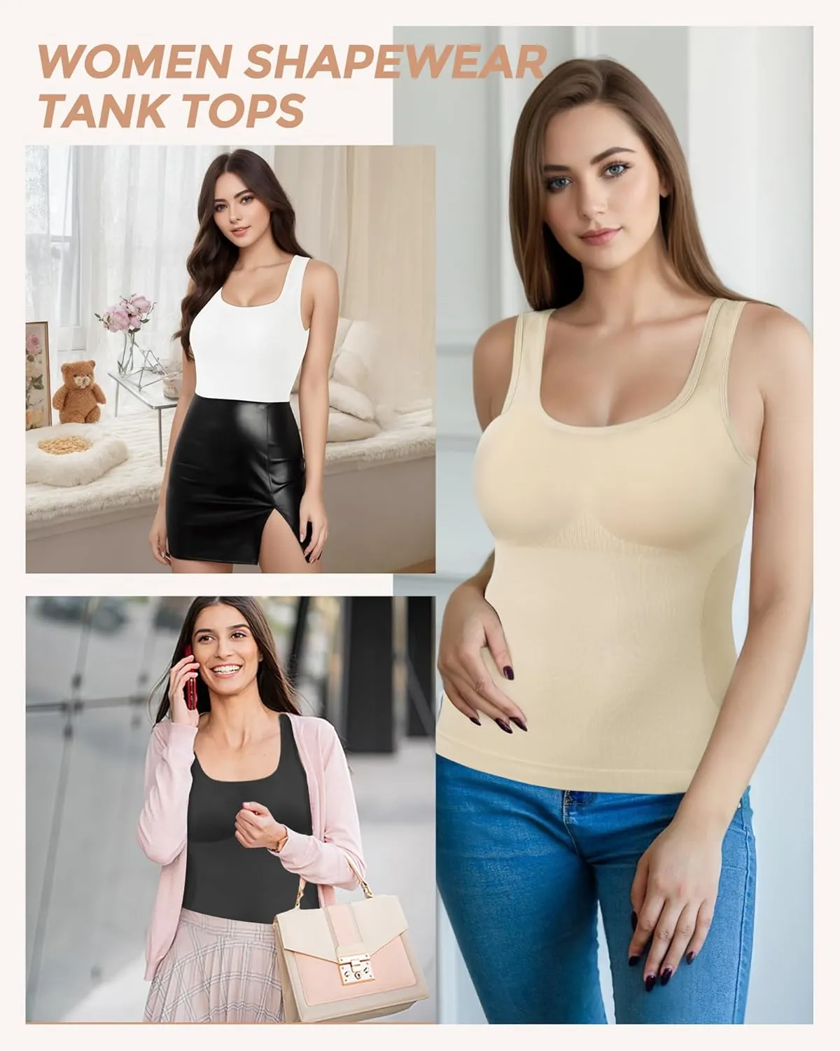 AURUZA 2PCS Womens Shapewear Tummy Control U Neck Camisole Tops for Women Seamless Compression Tank Top Regular