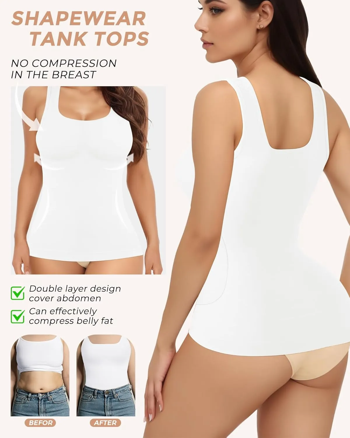 AURUZA 2PCS Womens Shapewear Tummy Control U Neck Camisole Tops for Women Seamless Compression Tank Top Regular