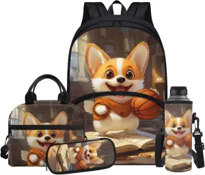 Basketball Corgi Elementary School Backpack for Boys Bookbag with Lunch Box Large Capacity Teenage Backpacks for Middle Boys Casual Daypack for Teen Back to School Gifts