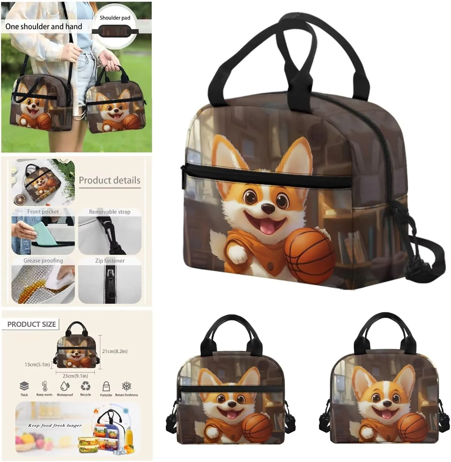 Basketball Corgi Elementary School Backpack for Boys Bookbag with Lunch Box Large Capacity Teenage Backpacks for Middle Boys Casual Daypack for Teen Back to School Gifts