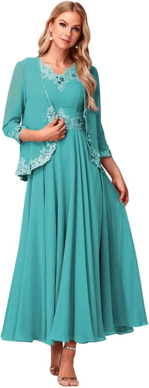 Beaded 3/4 Sleeve Mother of The Bride Dresses with Pockets 2 Piece Formal Gowns with Jacket YMS244