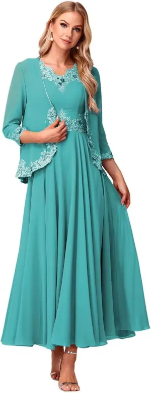 Beaded 3/4 Sleeve Mother of The Bride Dresses with Pockets 2 Piece Formal Gowns with Jacket YMS244