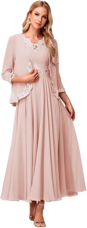 Beaded 3/4 Sleeve Mother of The Bride Dresses with Pockets 2 Piece Formal Gowns with Jacket YMS244