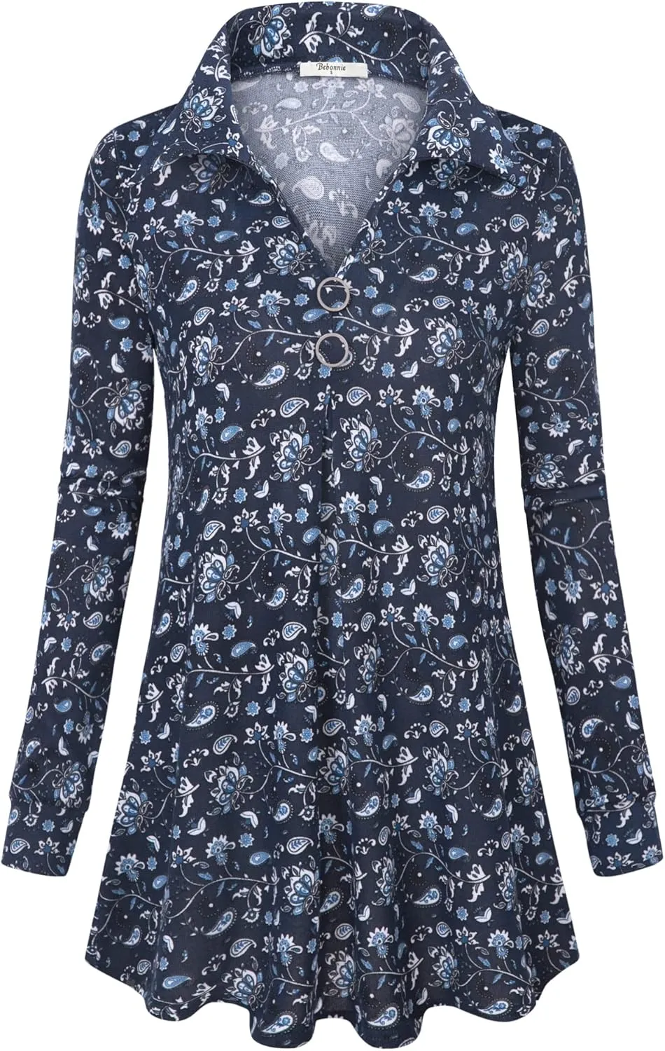 Bebonnie Womens Long Sleeve Casual Lapel V Neck Pullover Tunic Blouse Tops with Buttons