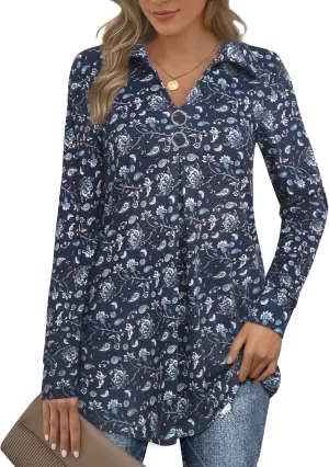 Bebonnie Womens Long Sleeve Casual Lapel V Neck Pullover Tunic Blouse Tops with Buttons