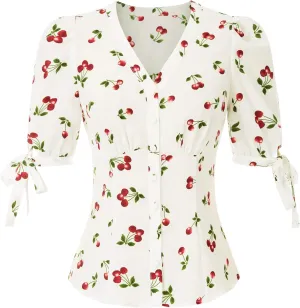 Belle Poque Women's V Neck Puff Sleeve Blouse Vintage Shirts for Women 1950s