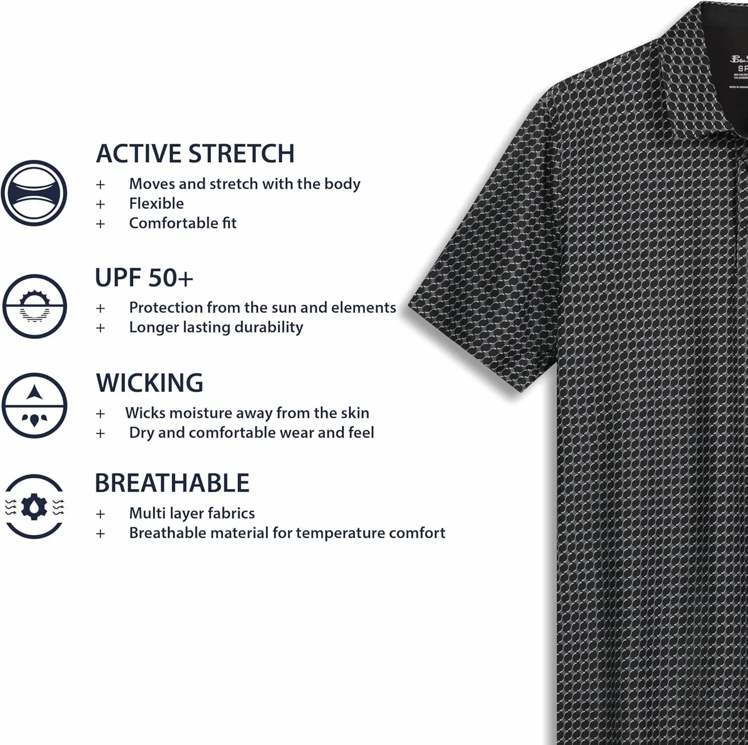 Ben Sherman Men's Performance Stetch Golf Shirts Extra Soft Fabric, Moisture-Wicking, Odor Resistant