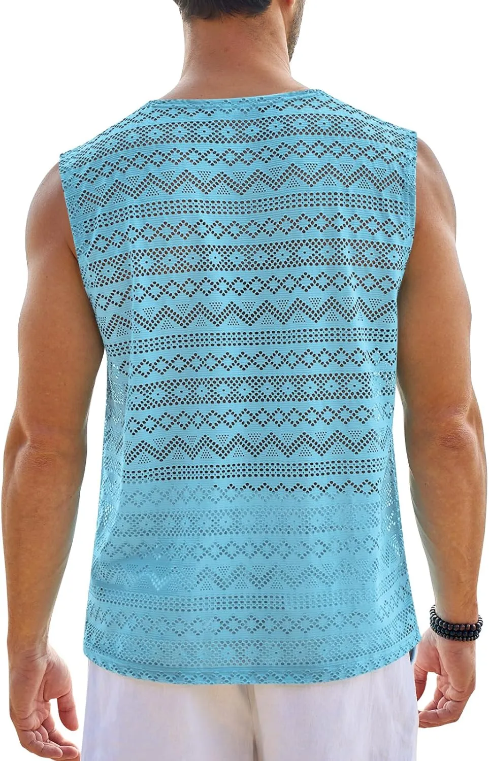 Beotyshow Mens See Through Vest Crewneck Sleeveless Tank Tops Muscle Sexy Lace Mesh Shirts