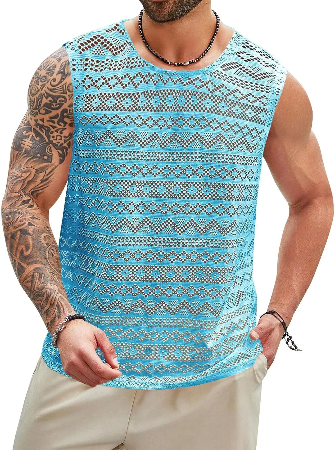 Beotyshow Mens See Through Vest Crewneck Sleeveless Tank Tops Muscle Sexy Lace Mesh Shirts