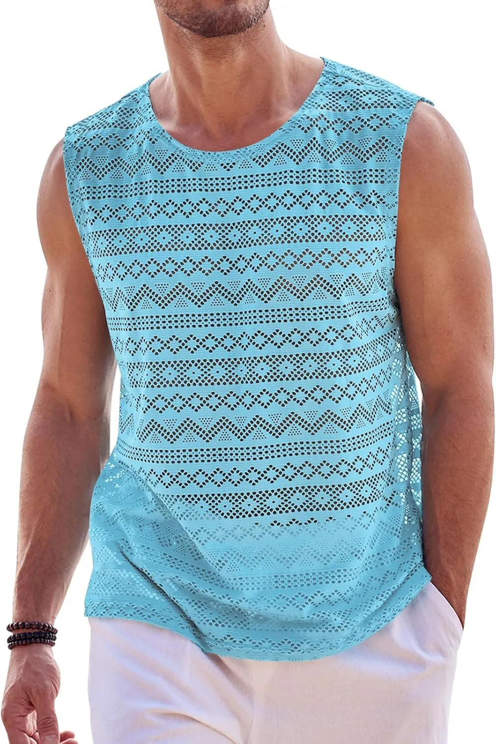 Beotyshow Mens See Through Vest Crewneck Sleeveless Tank Tops Muscle Sexy Lace Mesh Shirts
