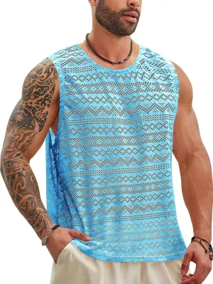 Beotyshow Mens See Through Vest Crewneck Sleeveless Tank Tops Muscle Sexy Lace Mesh Shirts