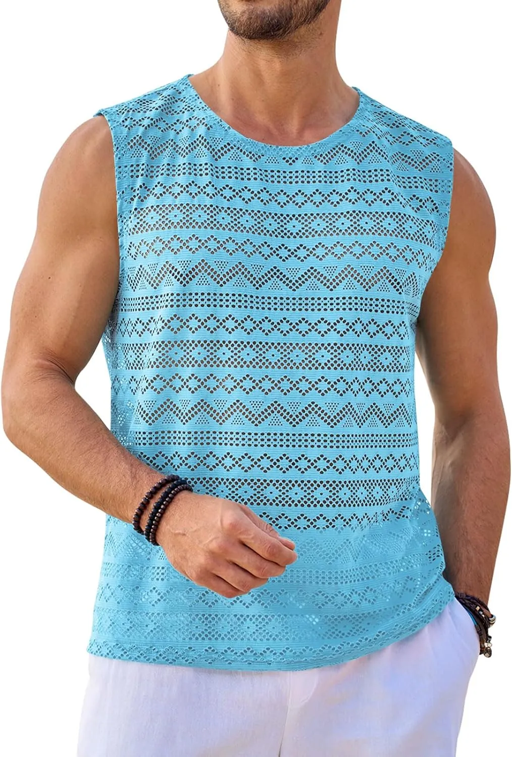 Beotyshow Mens See Through Vest Crewneck Sleeveless Tank Tops Muscle Sexy Lace Mesh Shirts