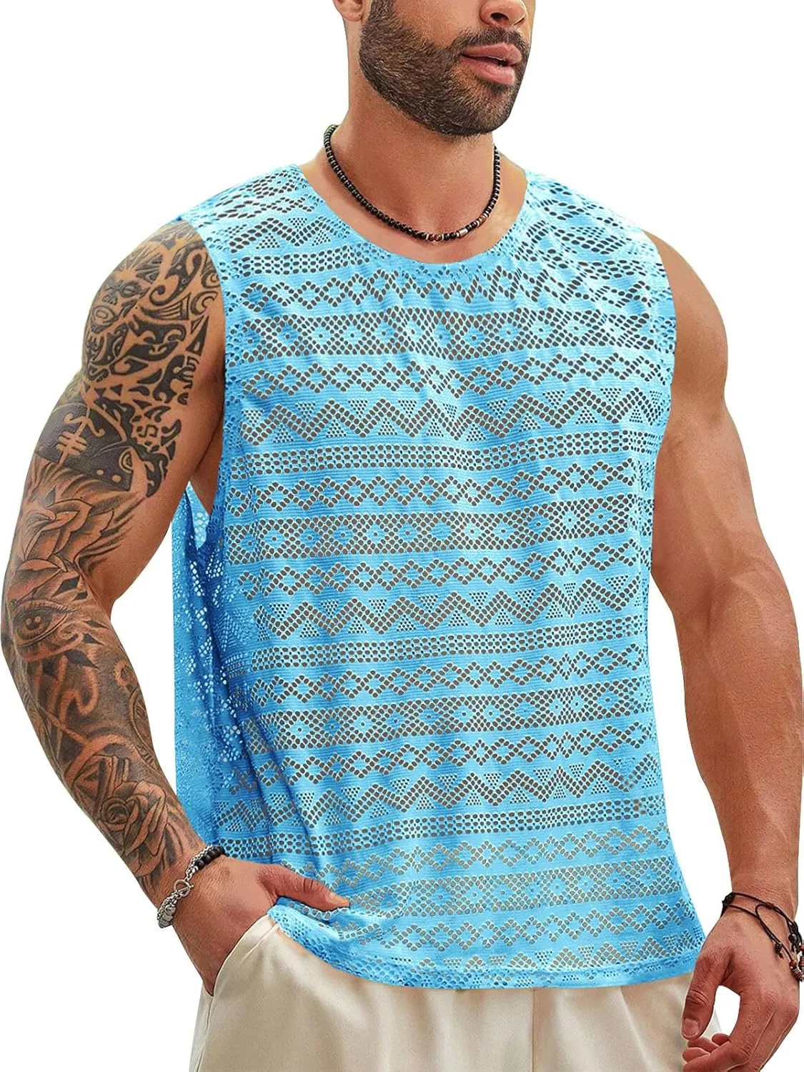 Beotyshow Mens See Through Vest Crewneck Sleeveless Tank Tops Muscle Sexy Lace Mesh Shirts
