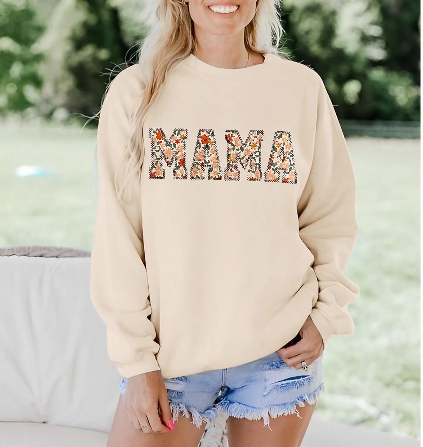 BOUTIKOME Mama Sweatshirt Women Funny Mama Letter Print Graphic Mom Life Long Sleeve Crewneck Pullover Shirt Loose Tops