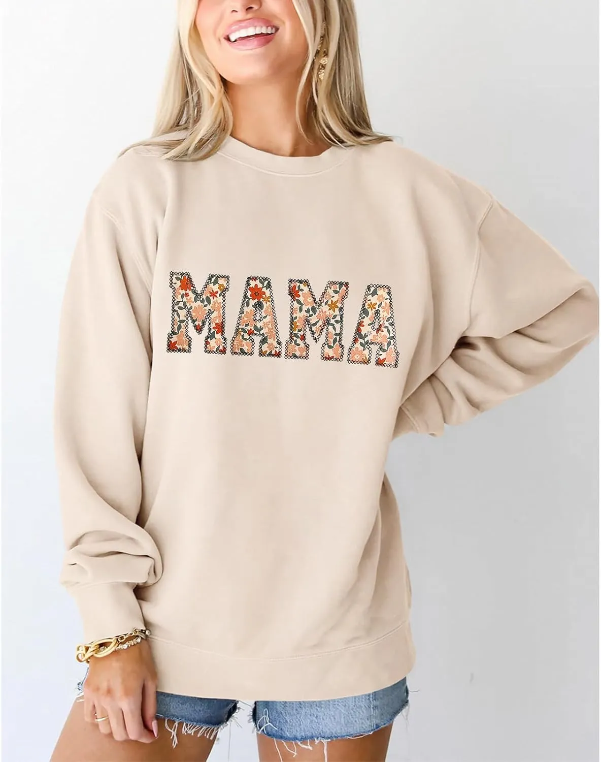 BOUTIKOME Mama Sweatshirt Women Funny Mama Letter Print Graphic Mom Life Long Sleeve Crewneck Pullover Shirt Loose Tops