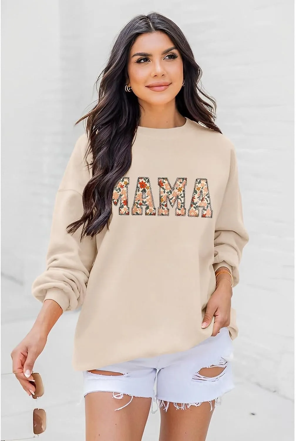 BOUTIKOME Mama Sweatshirt Women Funny Mama Letter Print Graphic Mom Life Long Sleeve Crewneck Pullover Shirt Loose Tops