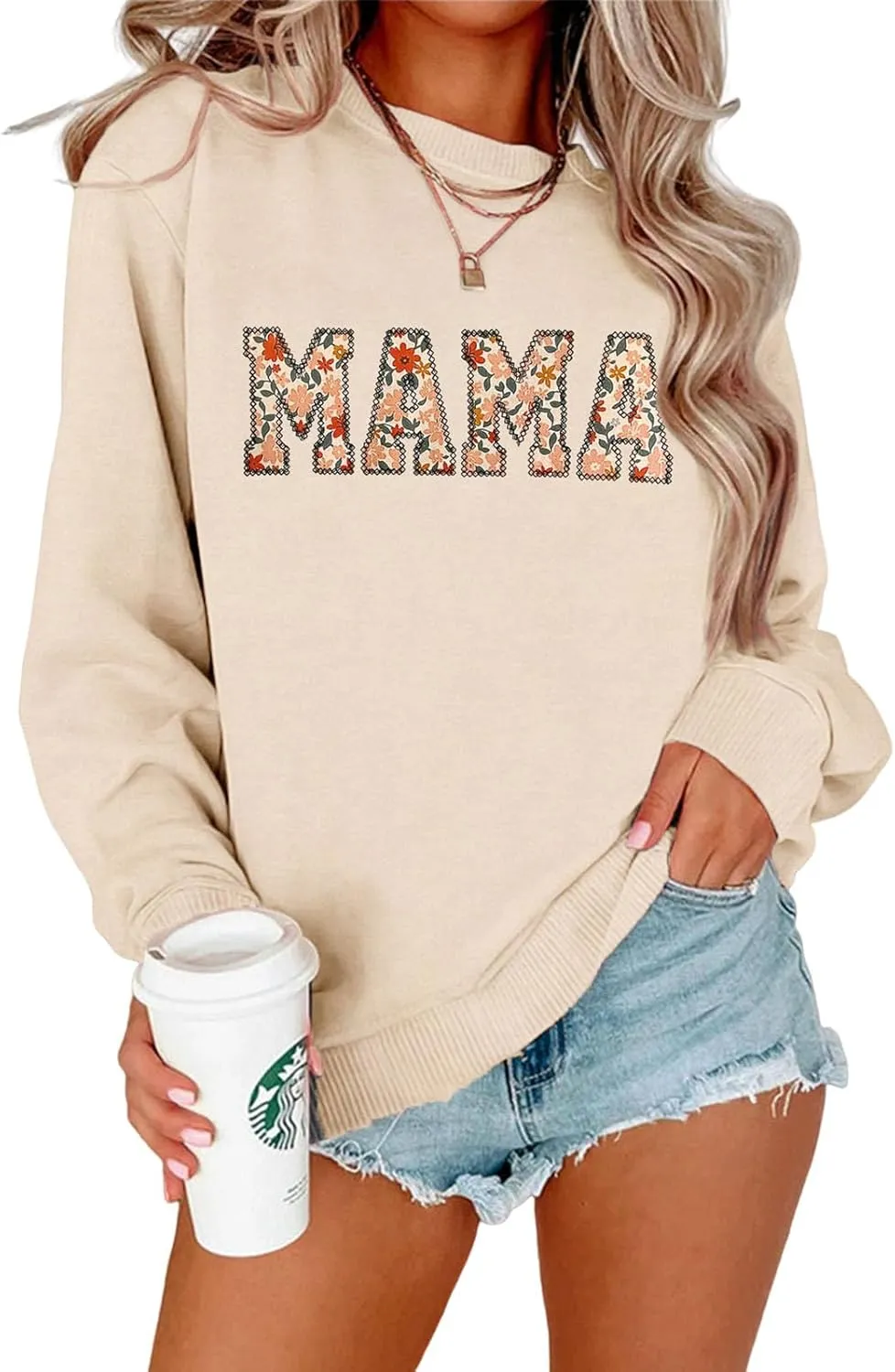 BOUTIKOME Mama Sweatshirt Women Funny Mama Letter Print Graphic Mom Life Long Sleeve Crewneck Pullover Shirt Loose Tops