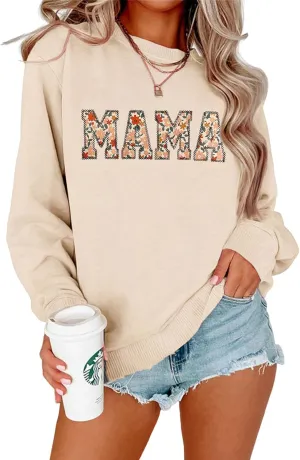 BOUTIKOME Mama Sweatshirt Women Funny Mama Letter Print Graphic Mom Life Long Sleeve Crewneck Pullover Shirt Loose Tops