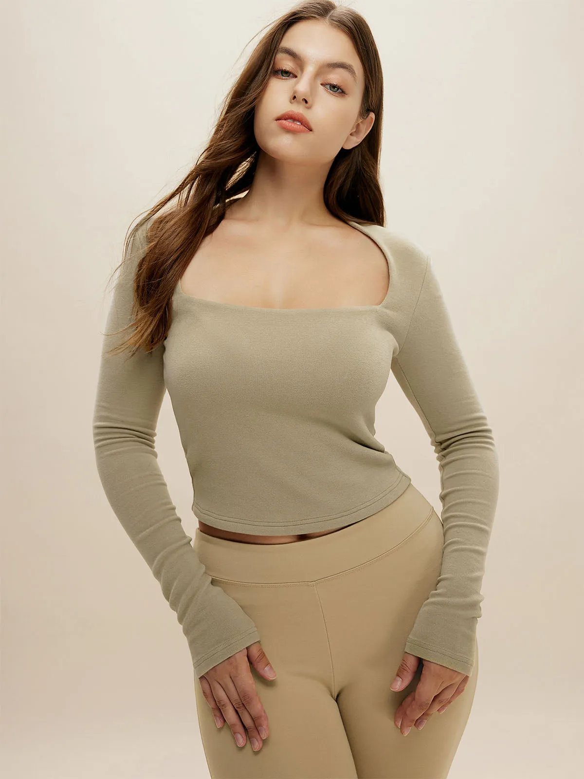 Brushed Tapered Square Neck Long Sleeve Top