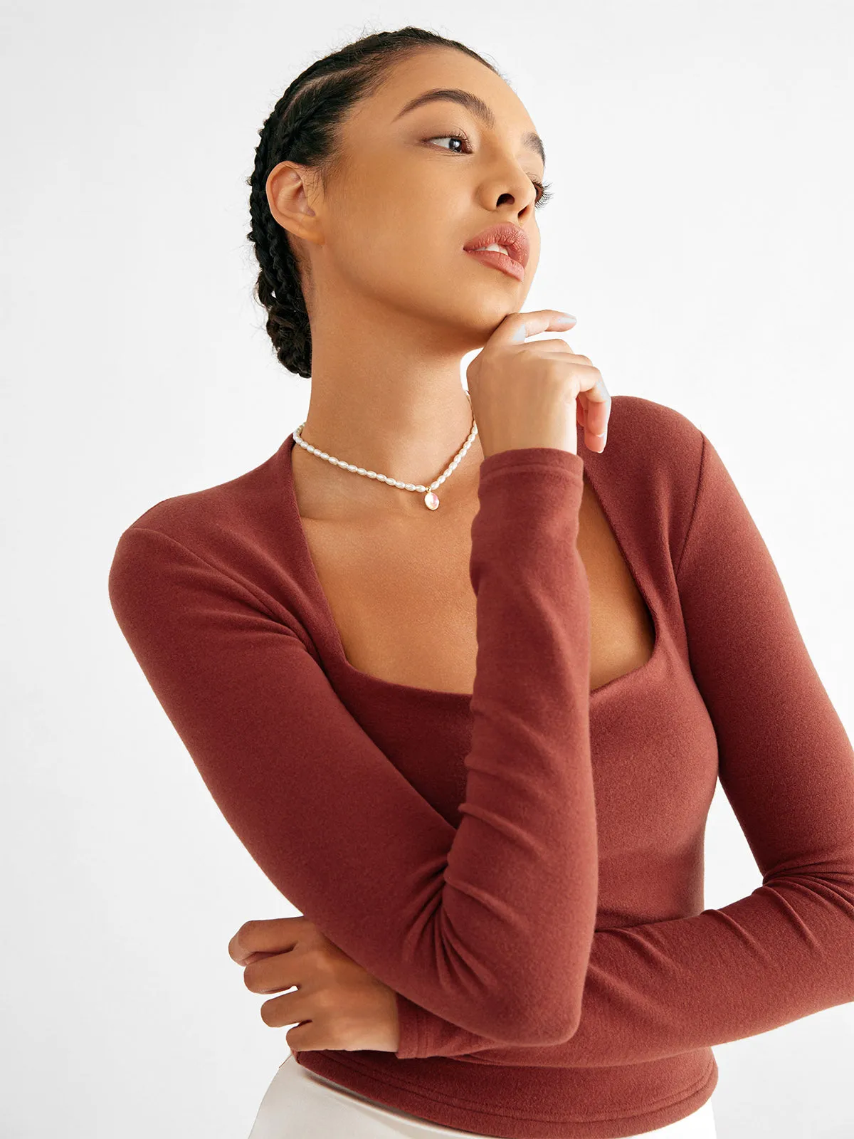 Brushed Tapered Square Neck Long Sleeve Top