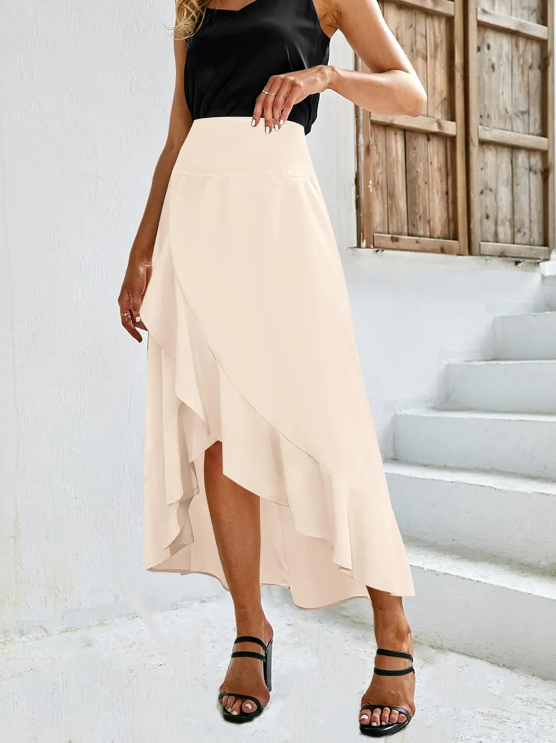 BZB Maxi Skirts for Women Trendy High Waisted Long Length Skirts High Low Draped Skirt S-2XL