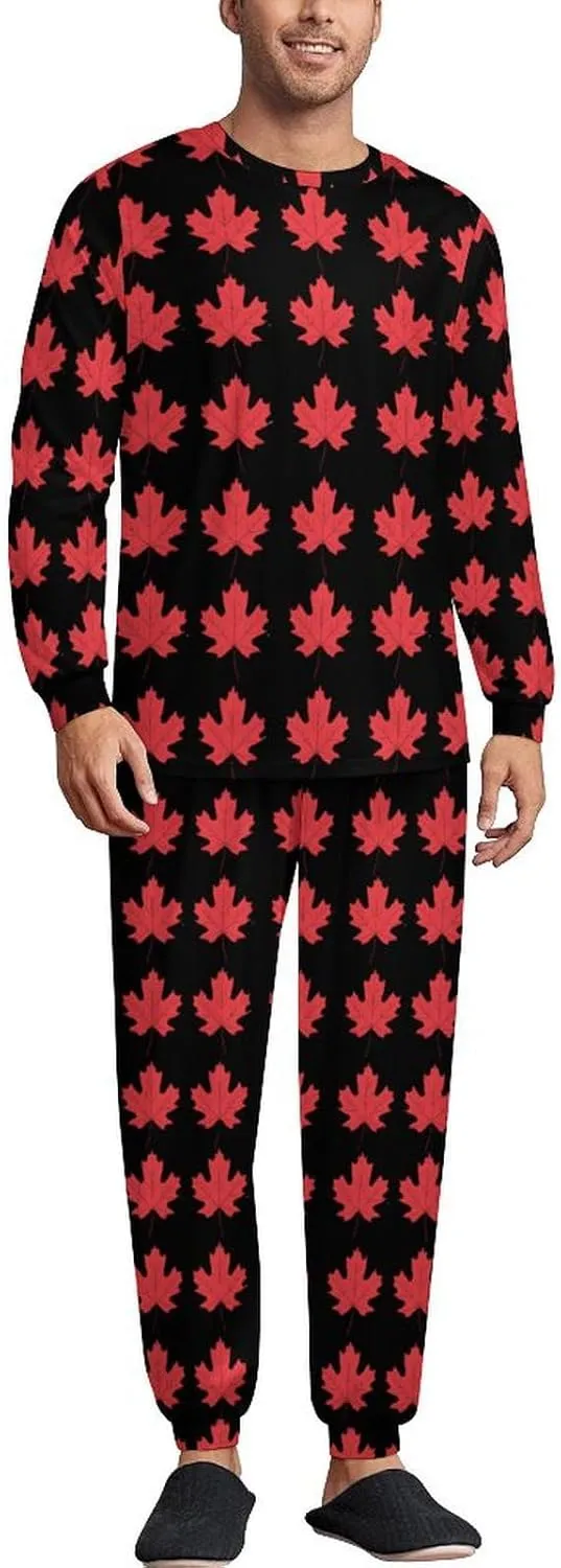 Canadian Maple Leaf Men's Pajamas Sets Round Neck Long Sleeve Shirts And Bottoms 2 Piece Pjs Loungewear
