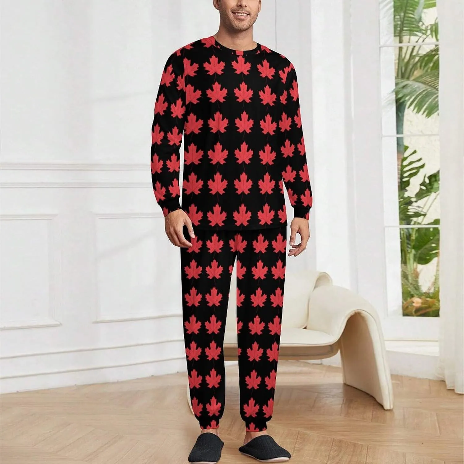 Canadian Maple Leaf Men's Pajamas Sets Round Neck Long Sleeve Shirts And Bottoms 2 Piece Pjs Loungewear
