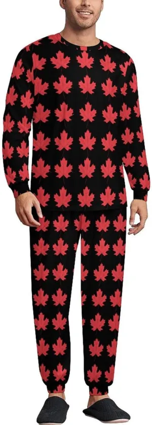 Canadian Maple Leaf Men's Pajamas Sets Round Neck Long Sleeve Shirts And Bottoms 2 Piece Pjs Loungewear