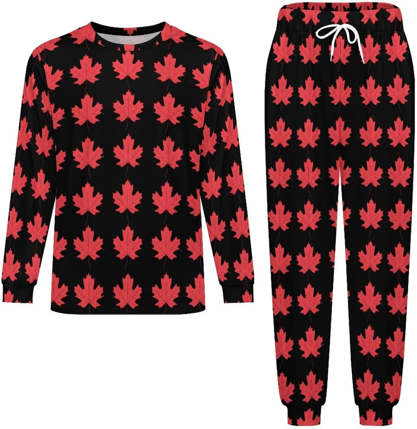 Canadian Maple Leaf Men's Pajamas Sets Round Neck Long Sleeve Shirts And Bottoms 2 Piece Pjs Loungewear