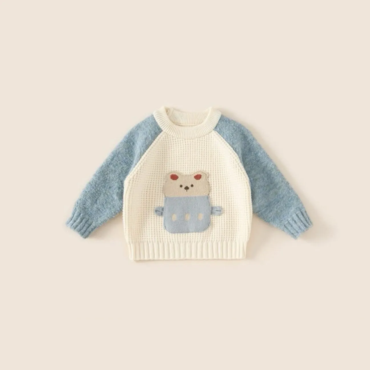 Cartoon Bear Colorblock Raglan Sleeve Knit Sweater